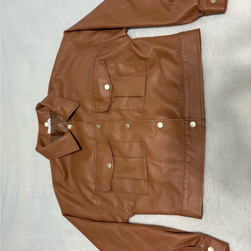 Cognac Faux Leather Button-Up Jacket